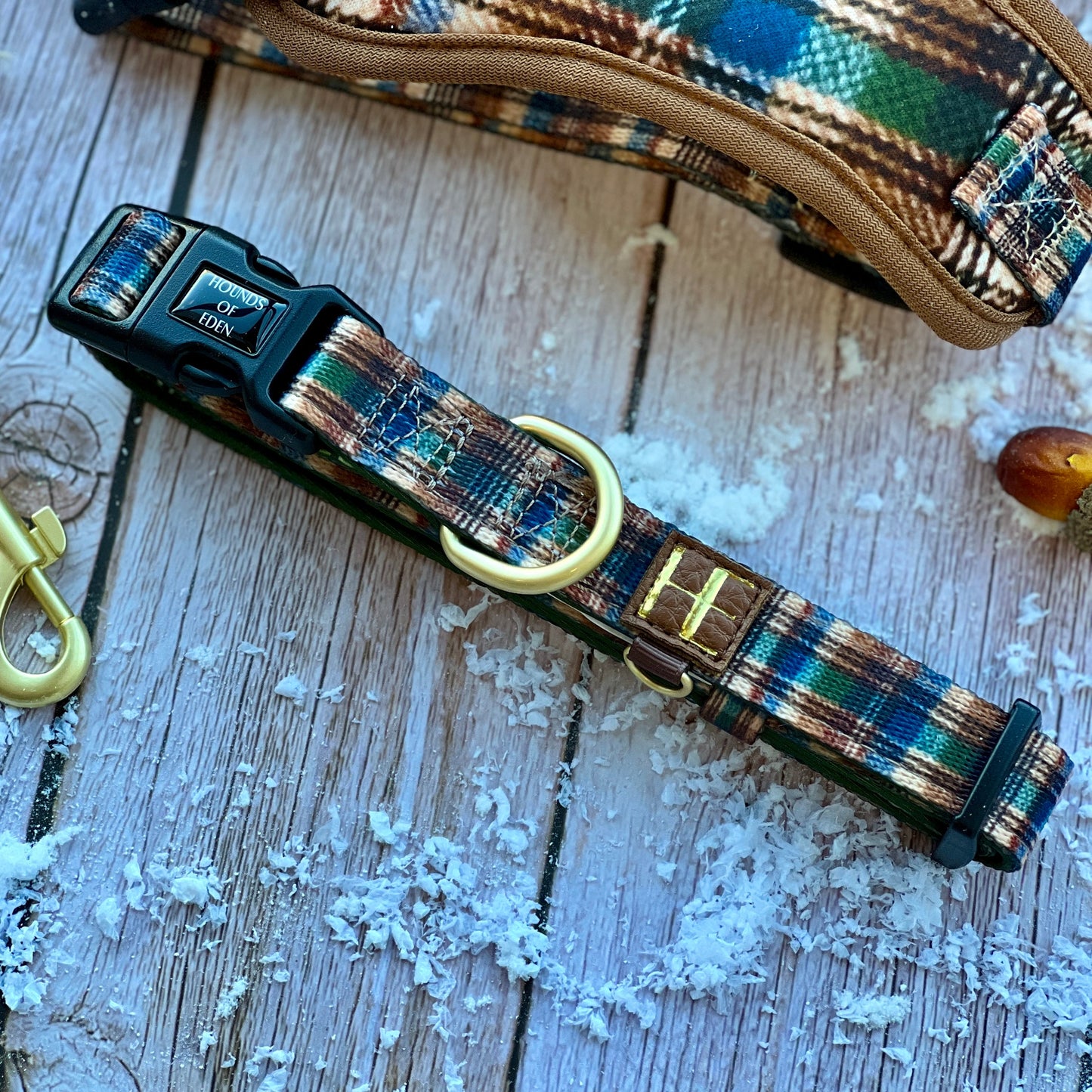 Oak Forest Plaid Dog Collar + Tag Holder - The Bark Market