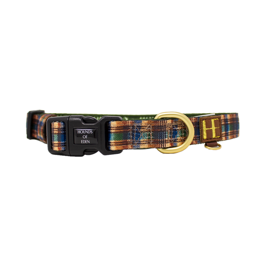 Oak Forest Plaid Dog Collar + Tag Holder - The Bark Market