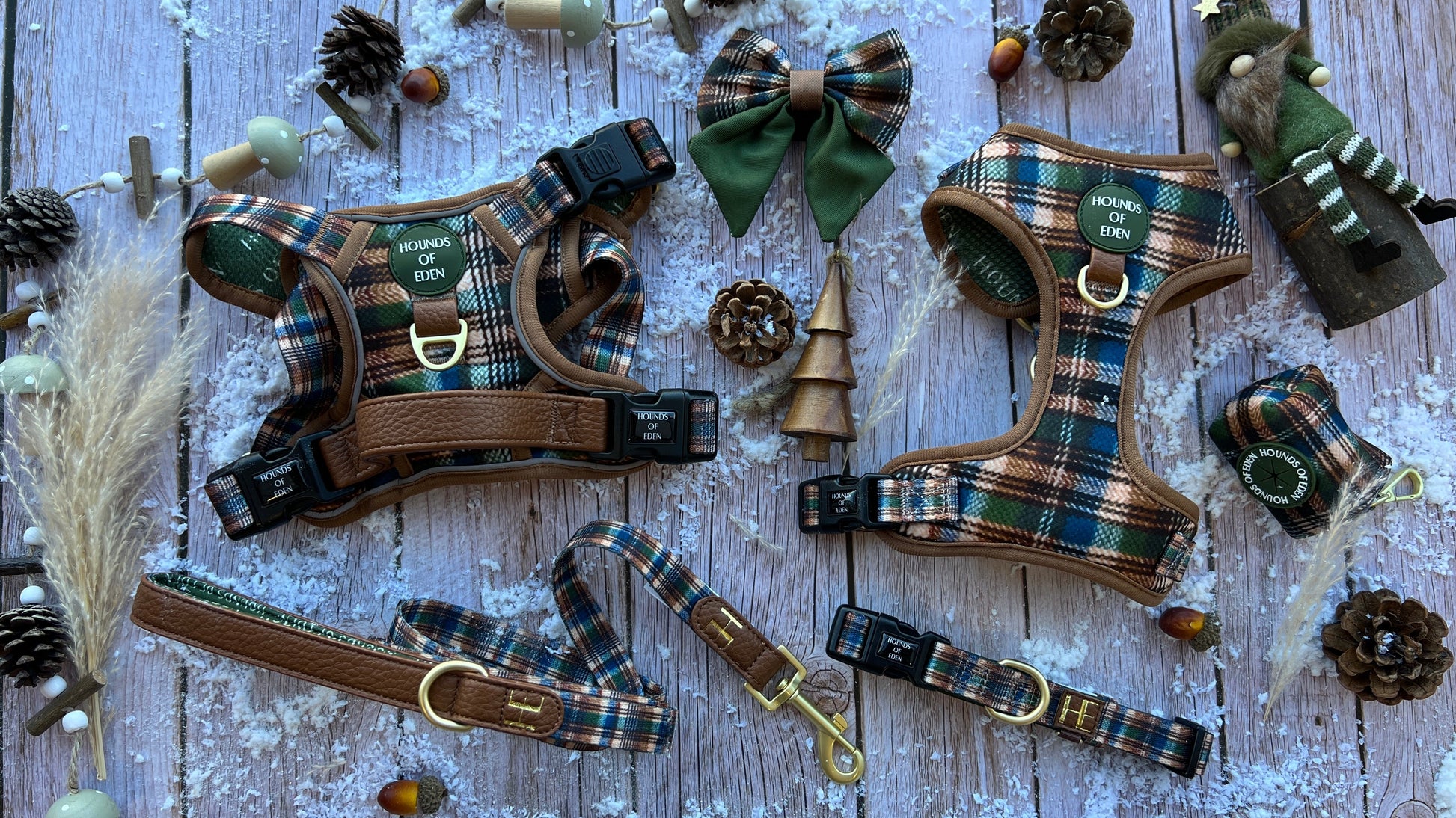 Oak Forest Plaid Dog Collar + Tag Holder - The Bark Market