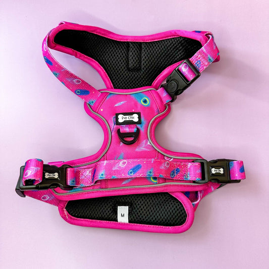 Peacock Power No Pull Tactical Dog Harness – Pink Peacock Feather Print, Adjustable, Step-In (Small-XL) - The Bark Market