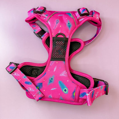 Peacock Power No Pull Tactical Dog Harness – Pink Peacock Feather Print, Adjustable, Step-In (Small-XL) - The Bark Market
