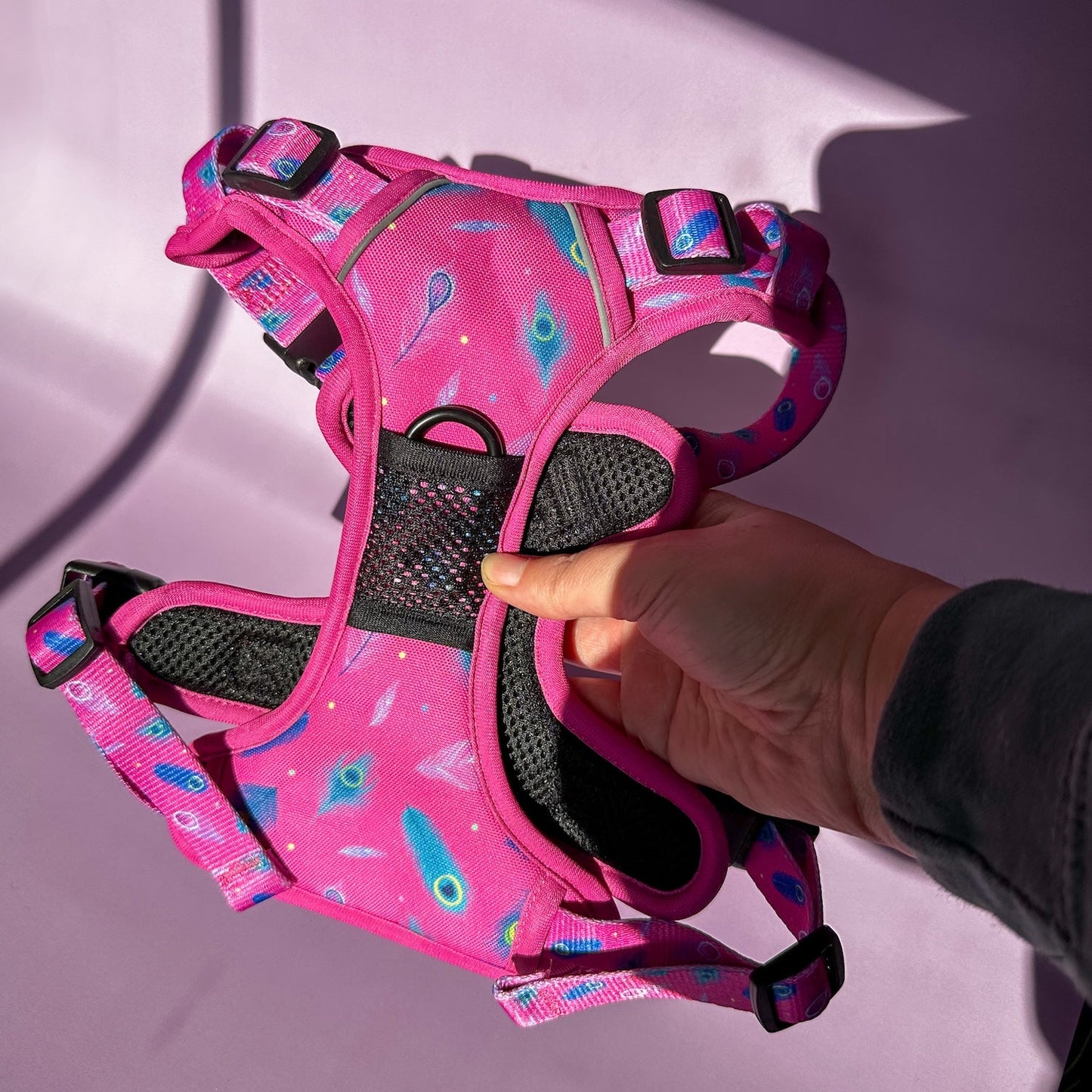Peacock Power No Pull Tactical Dog Harness – Pink Peacock Feather Print, Adjustable, Step-In (Small-XL) - The Bark Market