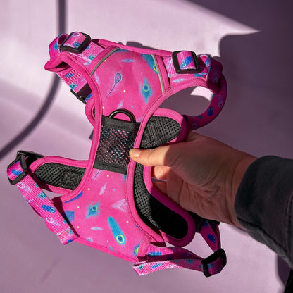 Peacock Power No Pull Tactical Dog Harness – Pink Peacock Feather Print, Adjustable, Step-In (Small-XL) - The Bark Market