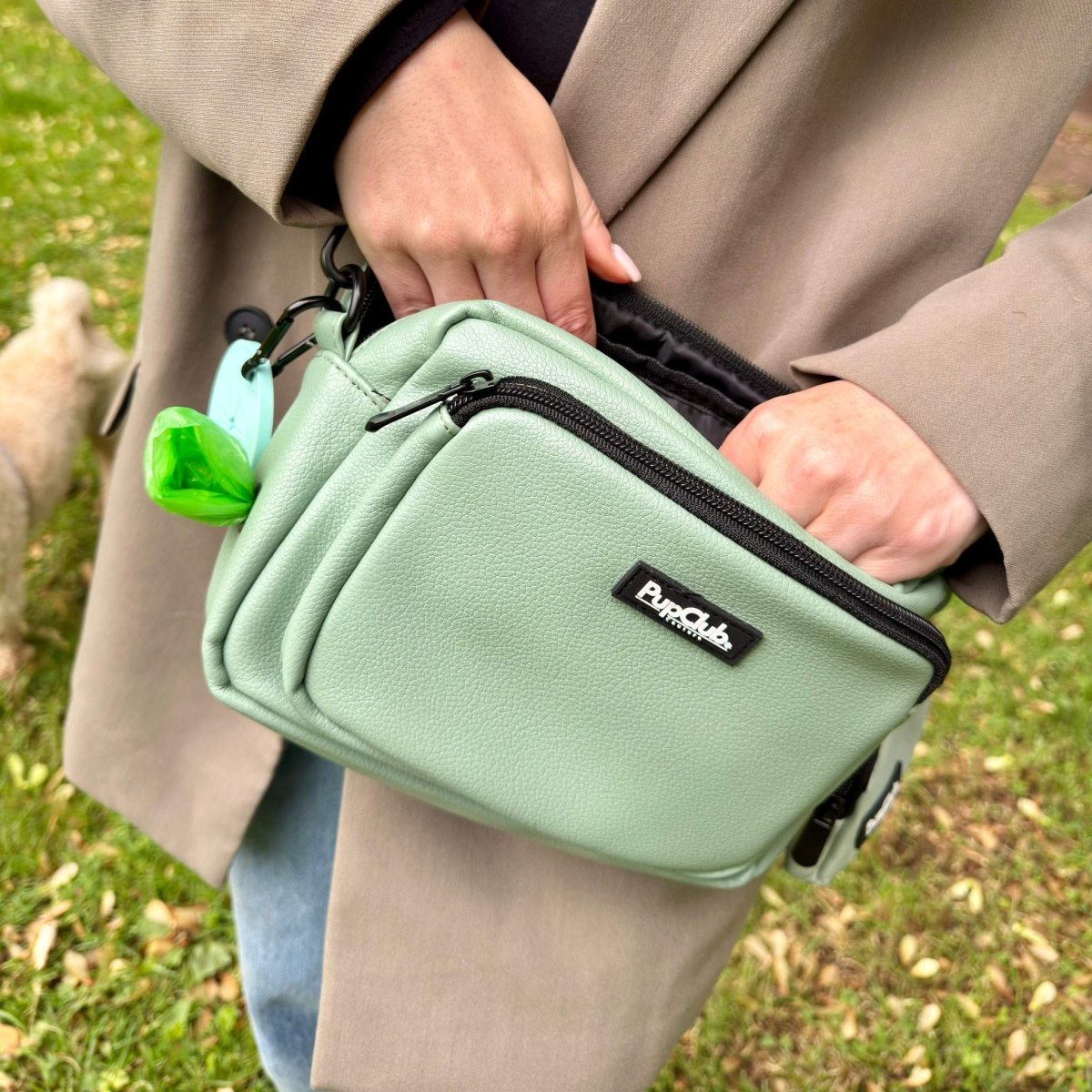 Crossbody Dog Walking Bag - Vegan Leather Sage Green - The Bark Market