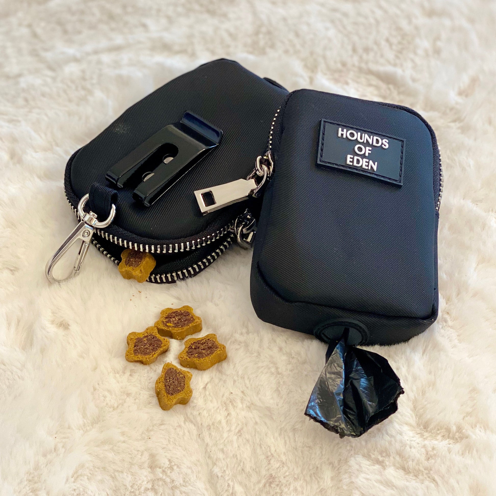 Clip on Dog Treat & Poop bag Pouch - Black - Silver Hardware - The Bark Market
