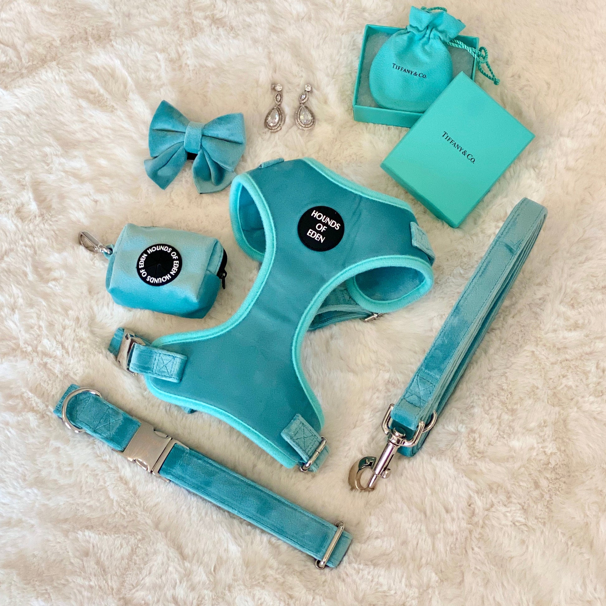 Tiffany's - Light Teal Velvet Dog Harness with Silver Metal Hardware - The Bark Market