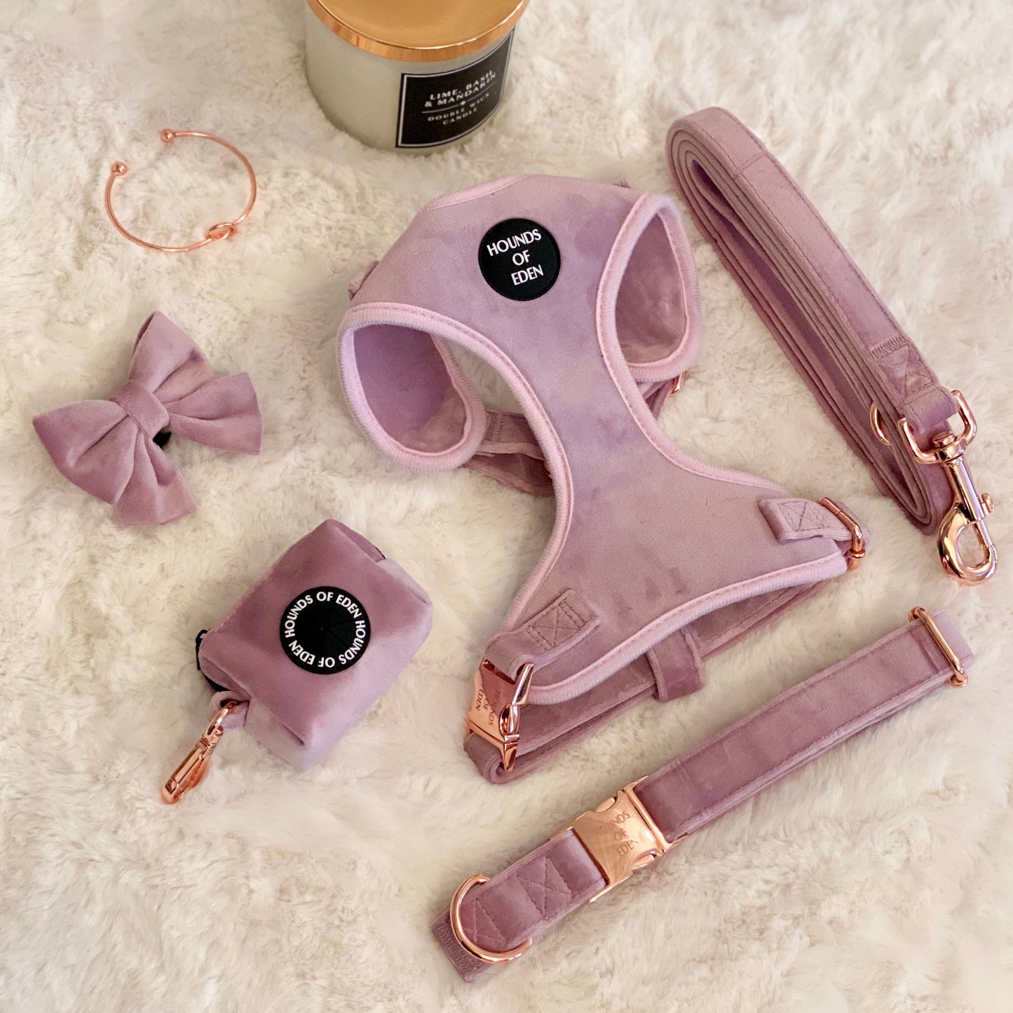 Lilac Dreams - Lilac Velvet Dog Harness with Rose Gold Metal Hardware - The Bark Market