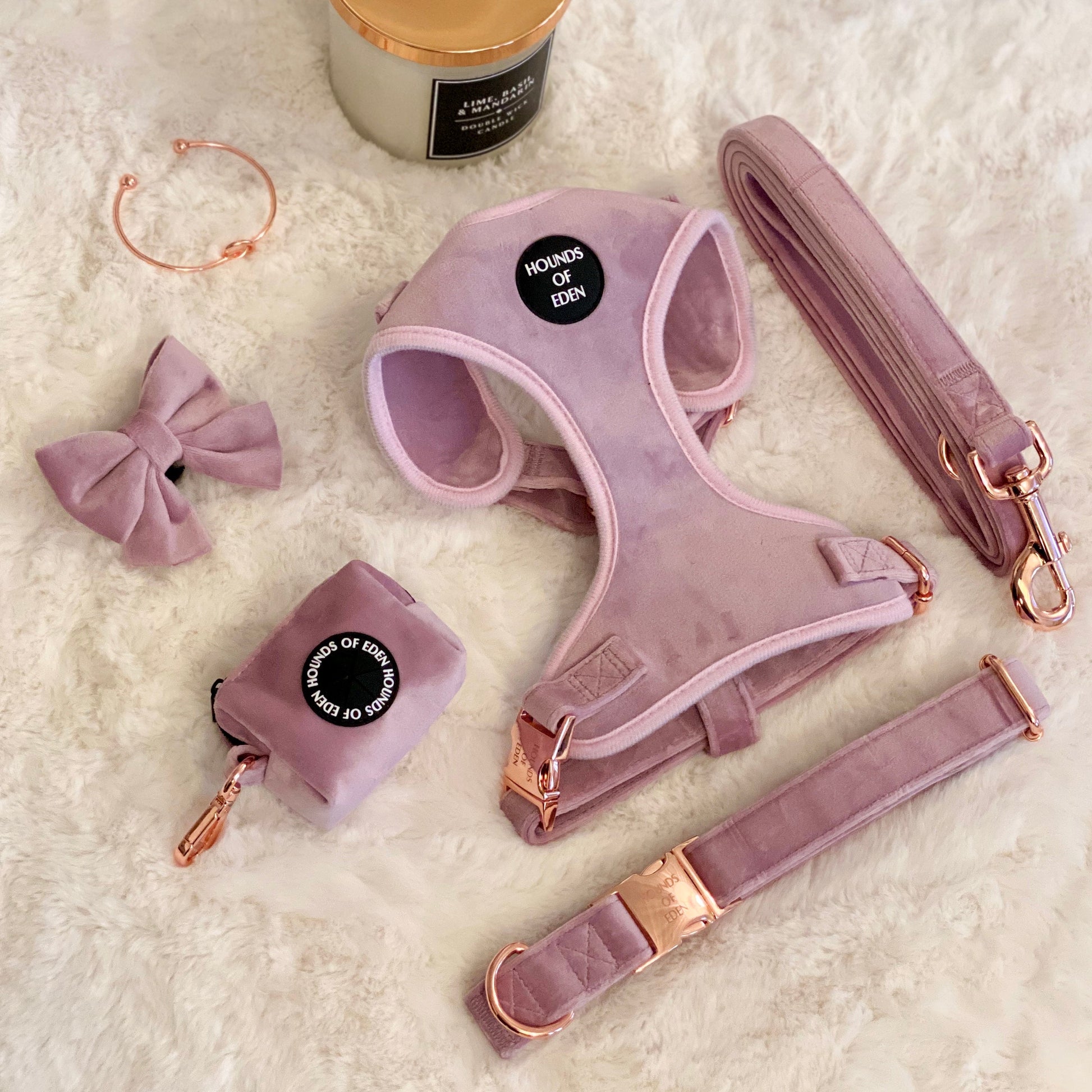 Lilac Dreams - Lilac Velvet Dog Harness with Rose Gold Metal Hardware - The Bark Market