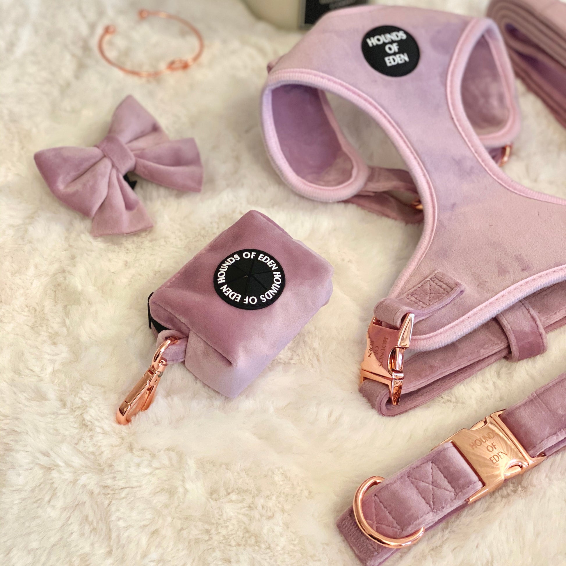 Lilac Dreams - Lilac Velvet Dog Harness with Rose Gold Metal Hardware - The Bark Market